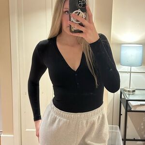 Babaton Black V-Neck Long Sleeve Bodysuit